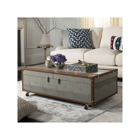 Safavieh Faux-Crocodile Wine Rack Storage Trunk Coffee Table, Grey Coffee Table Storage, Retro Coffee Tables, Safavieh Furniture, Coffee Table Trunk, Wine Rack Storage, Coffee Table Grey, Wine Bottle Rack, Storage Trunks, Steamer Trunk