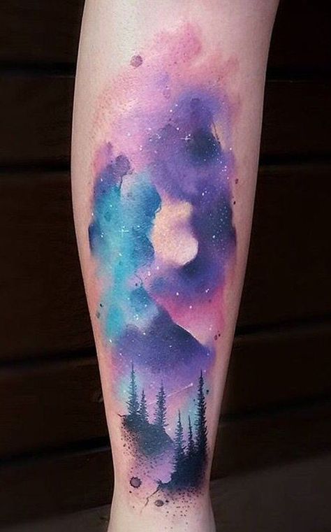 Image result for watercolour galaxy tattoos Night Sky Tattoos, Watercolor Galaxy Tattoo, Northern Lights Tattoo, Tattoos Masculinas, Sky Tattoos, Nature Ideas, Tattoo Nature, Kunst Tattoos, Light Tattoo