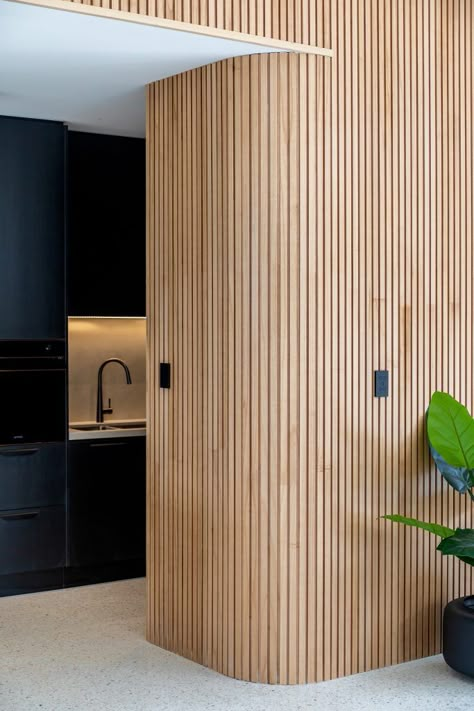 Timber Lining Boards, Timber Feature Wall, Studio Soundproofing, Timber Wall Panels, Accent Wall In Kitchen, Slat Walls, Curved Wall, Timber Slats, Timber Walls