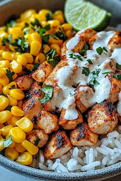 Enjoy this easy Street Corn Chicken Rice Bowl recipe, packed with grilled corn, seasoned chicken, and cilantro lime rice for a healthy, Easy Street Corn, Rice And Corn Recipe, Chicken Rice Bowl Recipe, Weight Watchers 2023, Street Corn Chicken, Chicken Gyro Recipe, Chicken Rice Bowl, Rice Bowl Recipe, Corn Chicken