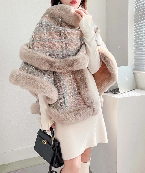 Scarves Fashion Spangle Wool Blends Plaid Faux Fur Cape Coat Thicken Lining Shawl Women Winter Elegant Warm Cloak Wrap Overcoat 2023 From Isaiahhartenstein, $41.10 | DHgate.Com Sequin Poncho, Fur Poncho, Streetwear Coat, Poncho Pullover, Faux Fur Cape, Winter Poncho, Plaid Shawl, Cape Designs, Chunky Jumper