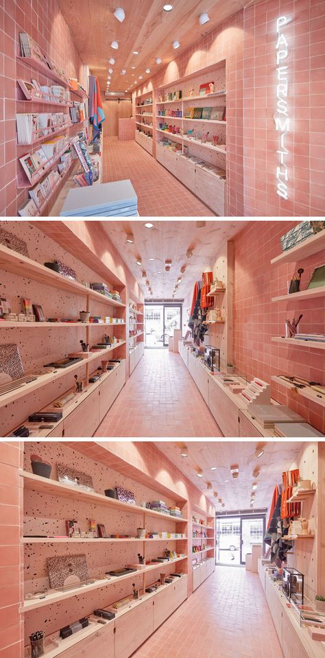 Dusty Pink Tiles Help This New Retail Store Stand Out From The Crowd Stationery Store Design, Store Stand, Bold Interior, Window Display Retail, Encaustic Tiles, Colorful Interior, Retail Interior Design, Store Interiors, Pink Tiles