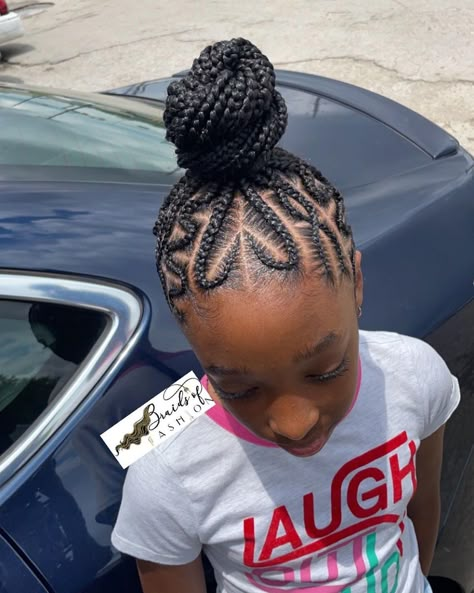 Braided Ponytail With Designs For Black Women, Braids Braided Into A Bun, Braided Bun With Heart, Two Buns Braided Hairstyle, Kids Braided Bun Hairstyles Black, Cornrows For Little Black Girls Hair, Braided Bun Hairstyles For Kids, Kids Braids With Heart Design, Braided Cornrow Hairstyles For Kids