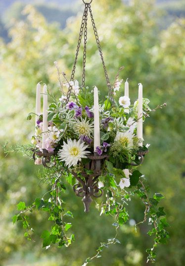 Hanging chandelier with ivy, Euphorbia marginata 'Summer Icicle', Malope trifida 'Alba', Gaura lindheimeri 'The Bride' and Malva moschata f. alba, D Flowers And Candles, Flowers Hanging, Outdoor Chandelier, Floral Inspiration, Deco Floral, Garden Ornaments, Outdoor Entertaining, Backyard Ideas, Garden Lighting