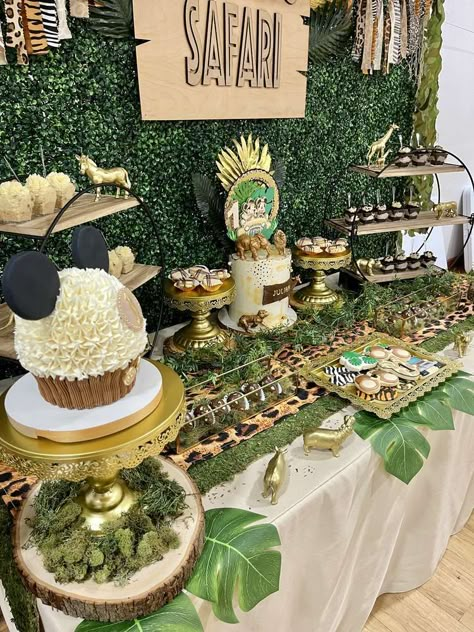 Safari Mickey Mouse Birthday Party Ideas | Photo 1 of 33 Safari Birthday Dessert Table, Wild One Party Table Decor, Wild One Birthday Dessert Table, Safari Theme Food Table, Mickey Safari Dessert Table, Jungle Safari Table Decorations, Dessert Table Safari Theme, Wild One Birthday Party Decor, Mickey Mouse Safari Food Ideas