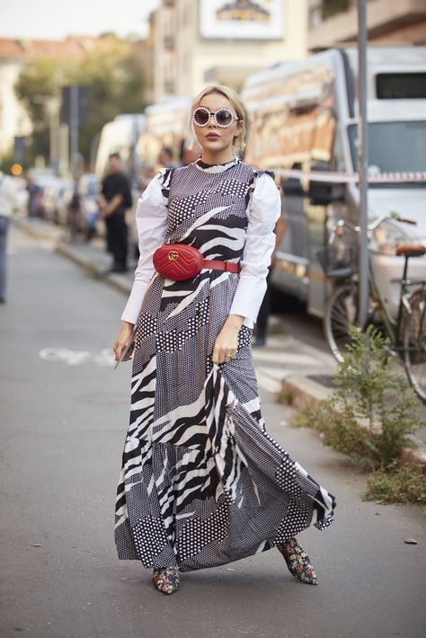 A fanny pack over a patterned dress! Long Denim Skirt, Trendy Swimwear, Popsugar Fashion, Simple Tees, Shearling Coat, Help People, Flowy Dress, Sheer Dress, Life Stories