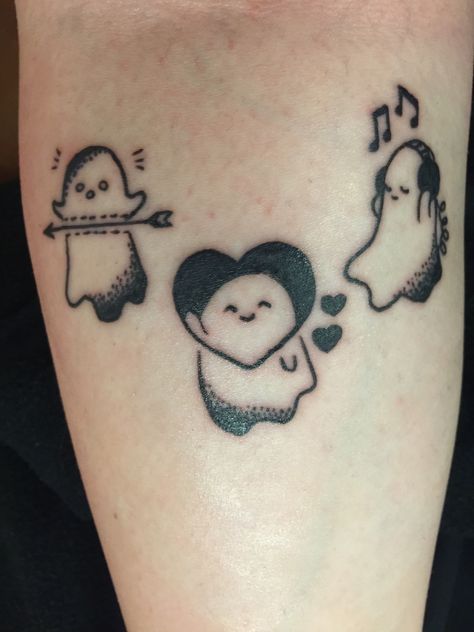 Done by Mikey at All Star Tattoo in Tacoma, Washington Trio Tattoos, All Star Tattoo, Cute Matching Tattoos, Matching Friend Tattoos, Bestie Tattoo, Couple Tattoos Unique, Ghost Tattoo, Bff Tattoos, Star Tattoo