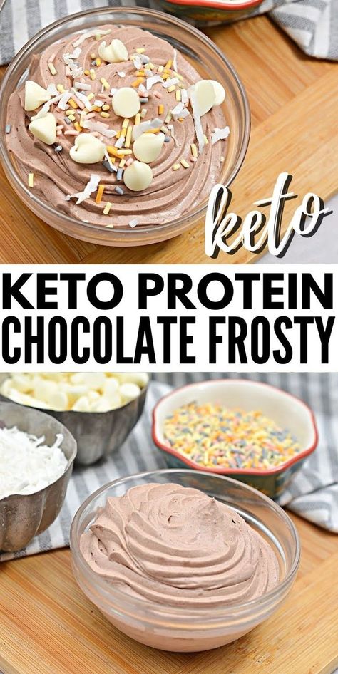 Keto Protein Chocolate Frosty - This keto Frosty has a rich chocolate flavor and is fortified with extra protein. Enjoy it for breakfast or a post-workout snack. #keto #ketorecipes #Ketodiet #Ketofrosty #ketoproteinfrosty #frost #healthysnacks #dessert #summerrecipes #food #recipes Keto Chocolate Protein Shake, Keto Protein Shake Pudding, Keto Protein Ideas, Keto Whey Protein Recipes, Protein Drink Dessert, Dymatize Protein Recipes, Keto Protein Dessert Recipes, Quest Chocolate Protein Powder Recipes, Protein Powder For Diabetics