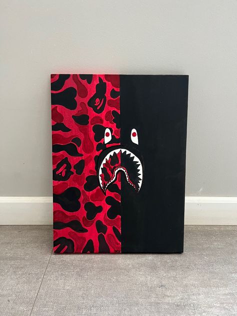 Supreme Canvas Painting, Bape Star Painting, Hype Beast Painting Ideas, Bape Art Canvas, Trap Paintings, Bape Paintings Canvas, Painting Ideas On Canvas Red, Bape Drawings, Hypebeast Painting Canvas