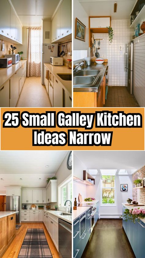 A collection of four small galley kitchen designs showcases practical layouts. The mood is modern and inviting, featuring sleek appliances, natural light, and efficient use of space. Text reads "25 Small Galley Kitchen Ideas Narrow." Perfect for inspiration. Small Narrow Kitchen Ideas, Galley Kitchen Design Layout, Kitchen Ideas Narrow, Narrow Galley Kitchen, Small Narrow Kitchen, Tiled Countertops, Small Galley Kitchen Ideas, Small Galley Kitchen Ideas Narrow, Narrow Kitchen Layout