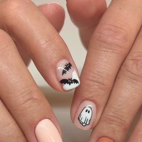 Meg | Luminary + Nail Art on Instagram: "Recreated one of my favorite Halloween sets! 👻 🦇 

We used Oh No and Spiced Latte from @luxapolish for these!
You can use my code MEG10 to save 10%!

#halloweennails #happyhalloween #ghostnails #batnails #handpaintednailart #luminarynailsystems #structuredgelmanicure #coloradonails #coloradonailtech" Bat Nails, Painted Nail Art, Nail Tech, Halloween Nails, Happy Halloween, My Favorite, Nail Polish, Nail Art, Nails