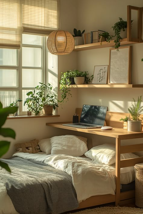 50 Clever Student Dorm Designs: Japandi-Inspired Small Space Living  Are you an inspired student ready to take your dorm from drab to fab? Don't settle for generic dormitory aesthetics when you can influence it with a touch of class and style! Discover how you can transform small space living into a minimalist paradise with our 50 Clever Student Dorm…  Read more: https://tastyinteriors.com/50-clever-student-dorm-designs-japandi-inspired-small-space-living/ Cozy Small Room Decor, Japandi One Room Apartment, Tiny Student Apartment, Muji Room Design, Wfh Studio Apartment, Tiny Japanese Bedroom, Studio Apartment Japanese Style, Minimalist Bedroom Design Japanese Style, Japandi Bedroom Apartment