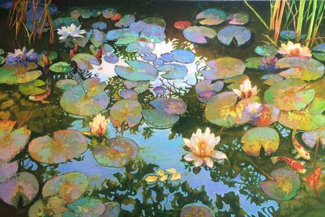 Aesthetic Garden Pictures, Water Plants Aesthetic, Waterlilies Paintings, Lilypad Painting, Water Landscape Painting, Lilypad Art, Water Lily Illustration, Aesthetic Pond, Water Lily Background