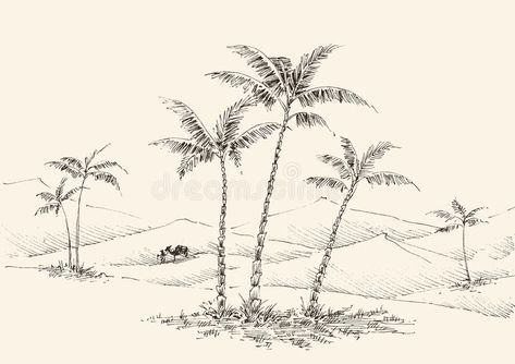 Oasis in the desert hand drawing. Palm trees, fountain water and a camel in the #Sponsored , #paid, #Paid, #hand, #Oasis, #water, #drawing Skyscrapers Drawing, Oasis Drawing, Oasis Illustration, Desert Palm Trees, Tree Fountain, Spain Drawing, Base For Drawing, Palm Tree Sketch, Desert Drawing