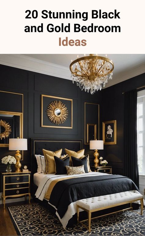 Elevate your bedroom with these 20 Stunning Black and Gold Bedroom Ideas! Discover luxurious accent walls, glamorous furniture, and sophisticated decor. Get inspired and create your dream bedroom now! Green Black Gold Bedroom Ideas, Black Walls With Gold Accents, Black And Gold Master Bedrooms, Black And Gold Home Aesthetic, Black Gold Cream Bedroom, Black Gold Accent Wall, Gold Walls Bedroom, Black Green And Gold Bedroom, Black And Gold Accent Wall