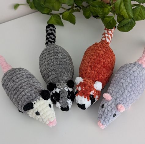 Opossum, rat, raccoon & red panda. Who should join them next? All 4 no sew crochet patterns by me, available separately or in a pattern bundle! I don't have one made at the moment but my bunny pattern would also fit in with these guys #nosewrat #nosewopossum #nosewraccoon #nosewredpanda #crochetrat #crochetraccoon #crochetredpanda #crochetopossum #smallcrochetplushies #nosewcrochet #cubiecrochet Crochet Opossum Free Pattern, Possum Crochet Pattern Free, Rat Crochet Pattern Free, Amigurumi Opossum, Opossum Crochet Pattern Free, Crochet Possum Free Pattern, Possum Crochet Pattern, Possum Crochet, Opossum Crochet