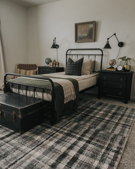 Boys Black Metal Bed, Twin Bed Inspiration, Boys Room Twin Bed, Queen Bed Boys Room, Boys Room Metal Bed, Industrial Kids Room, Modern Vintage Boys Room, Vintage Cowboy Bedroom, Plaid Rug Boys Room