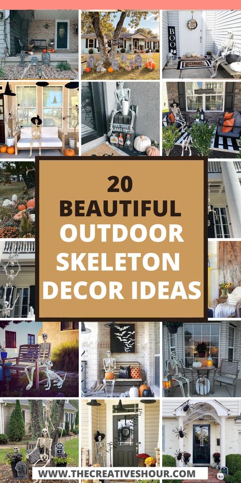 20 Spooktacular Outdoor Skeleton Decor Ideas You Should Try Halloween Skeleton Decorations Outdoor Ideas, Skeleton Outdoor Decor Ideas, Skeleton House Decor Outdoor, Skelton Ideas For Yard, Outdoor Halloween Skeleton Ideas, Skeleton Front Yard Decor, Poseable Skeleton Ideas Outdoor, Outdoor Skeleton Ideas, Yard Skeleton Ideas