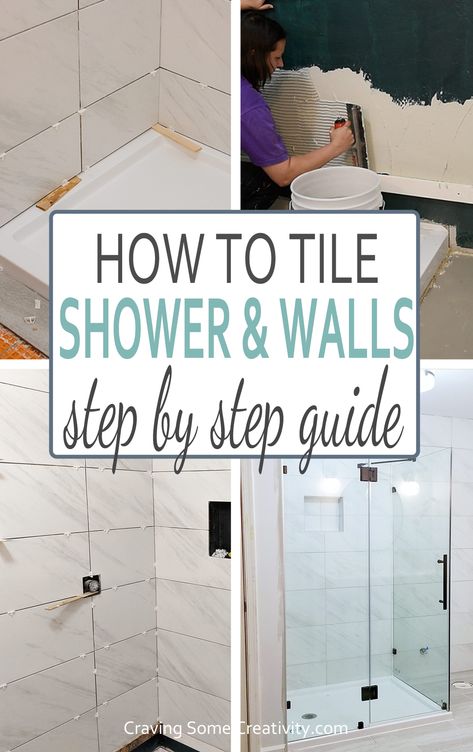 Collage of tiling a shower. How High To Tile Bathroom Walls, Removing Bathroom Wall Tile, Tiling Shower Walls, How To Tile A Shower Diy, How To Install Tile On Wall, Easiest Tile To Install, How To Install Tile Shower Diy, How To Install Ceramic Tile Floor, Diy Tile Shower