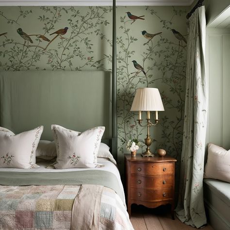 How peaceful is this bedroom? The soft green tones are so calming, and that bird wallpaper just adds the perfect touch of whimsy. It’s like waking up in a secret garden every day. I love how the bedding keeps things simple and light, allowing the wallpaper to really stand out. The antique wooden furniture adds a cozy, timeless feel to the space, while the delicate embroidered pillows keep it all feeling fresh. It’s the kind of bedroom where you can truly unwind and let all your stress melt ... Green Wallpaper Bedroom, Chinese Bedroom, Cherry Furniture, Bird Wallpaper, Wooden Furniture, Green Tones, Wallpaper Bedroom, Green Wallpaper, Embroidered Pillow