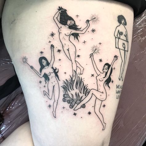 Sofia on Instagram: “Reaaaally sore inner thigh dancing witches for super beaut Tasha today! 🧙‍♀️💓 feeling really spooky and very excited for @lowtidetattoouk…” Witch Dance Tattoo, Dancing Witches Tattoo, Inner Thigh Tattoo, Dancing Witches, Dancing Tattoo, Inner Thigh Tattoos, Butterfly Thigh Tattoo, Witchcraft Tattoos, Dance Tattoo