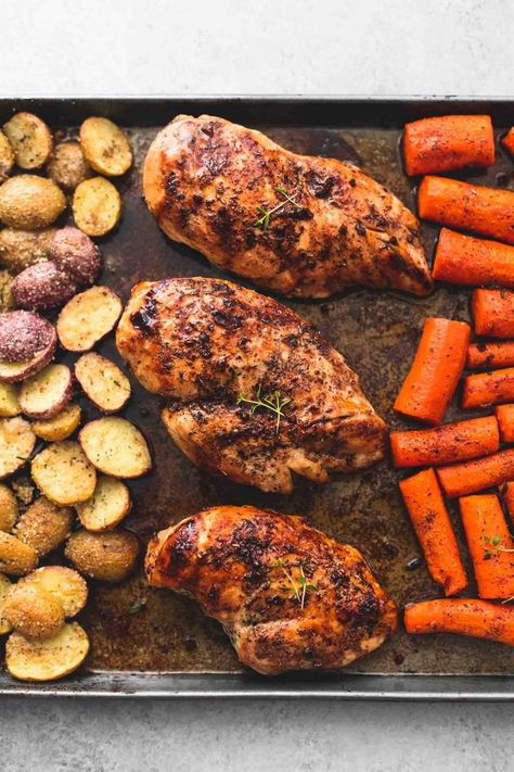 Sheet Pan Balsamic Chicken with Potatoes and Carrots | Creme De La Crumb Sheet Pan Balsamic Chicken, Chicken With Potatoes And Carrots, Chicken With Potatoes, Sheet Pan Meals Chicken, Potatoes And Carrots, Ayam Bakar, Sheet Pan Dinners Recipes, Roasted Chicken Breast, Balsamic Chicken