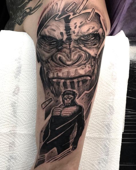 Ape Shall Not Kill Ape Tattoo, Planet Of The Apes Tattoo, Apes Tattoo, Monkey Tattoo Ideas, Monkey Shoulder, Superman Tattoos, Monkey Tattoo, Strong Tattoos, Monkey Tattoos