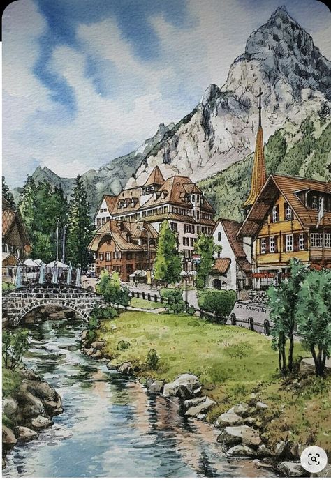 Color House, Watercolor Art Landscape, Watercolor Architecture, Architecture Drawing Art, Abstract Art Painting Diy, Landscape Art Painting, Watercolor Painting Techniques, 수채화 그림, Watercolor Landscape Paintings