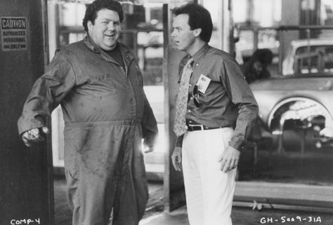 "Gung Ho" movie still, 1986.  L to R: George Wendt, Michael Keaton.  PLOT: A Japanese corporation takes over an American auto plant whose workers are led by a fast talking rep (Keaton).  This was Keaton's third straight box-office hit. George Wendt, Gung Ho, American Auto, Michael Keaton, Box Office, Led