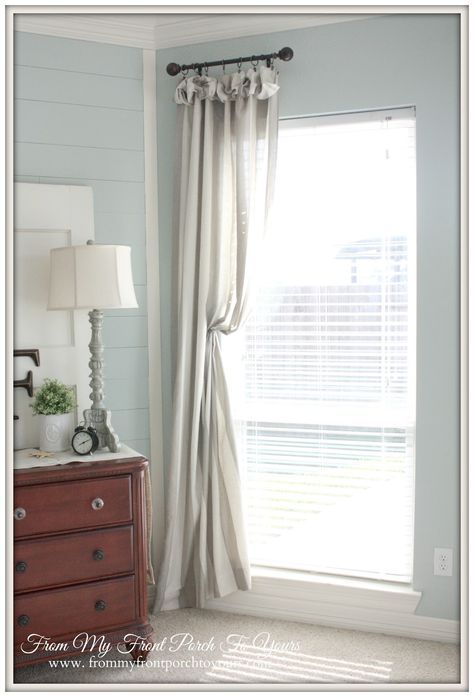 Half Rod Curtain Ideas, Mini Curtain Rods, Half Curtains Bedroom, Half Curtain Rod Ideas, Farmhouse Bedroom Window Treatments, Sw Rainwashed, Curtain Rod Ideas, Farmhouse Curtain Rods, French Farmhouse Bedroom