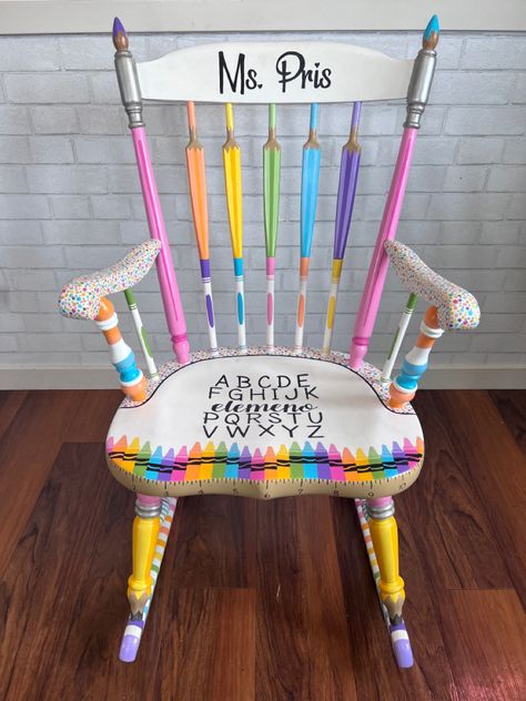 Diy Classroom Chairs, Classroom Chair Ideas, Teacher Reading Chair, Painting Rocking Chairs, Rocking Chair For Classroom, Teacher Chairs For Classroom, Classroom Rocking Chair Diy, Teacher Rocking Chairs For Classroom, Diy Teacher Chair