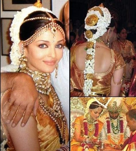 Aishwarya Rai Bridal Look, Manavarai Saree, Aishwarya Rai Wedding Pictures, Aishwarya Rai Wedding, Celebrity Wedding Hair, Actress Wedding, South Indian Wedding Hairstyles, Bridal Hairdo, Indian Bridal Hairstyles