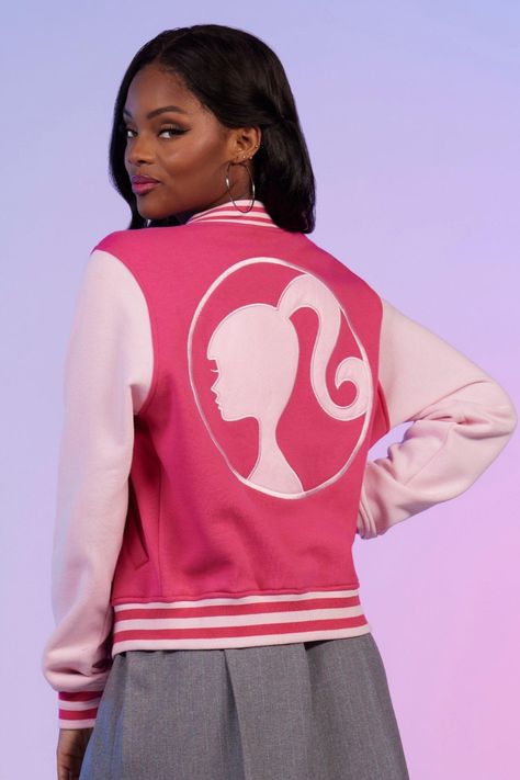 Barbie Printed Varsity Bomber Jacket Barbie Movie Outfits, Barbiecore Outfit, Barbie Merch, Barbie Movie 2023, Barbie Silhouette, Barbie Ponytail, Barbie The Movie, Barbie Logo, Movie Outfits