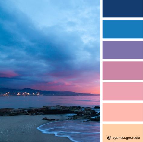 Ocean Sunrise Color Palette, Twilight Sky Color Palette, Ocean Palette Colour Schemes, Sky Pallete Color, Sea Color Palette Ocean, Peach And Blue Color Palette, Luxury Blue Color Palette, Underwater Color Palette, Blue Sky Color Palette