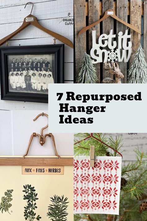 I love using old clothes hangers in decorating projects! See clothes hangers in wall, seasonal and Christmas tree decorations. #upcycle #clotheshanger #photodisplay #rubnbuff #Christmasornament #repurpose Upcycle Wooden Hangers, Coat Hanger Upcycle, Vintage Hangers Repurposed, Wooden Hanger Crafts Projects, Old Wooden Hangers Ideas, Metal Hangers Repurpose, Vintage Wooden Hangers Ideas, Wooden Hanger Crafts, Wall Clothes Hanger Ideas