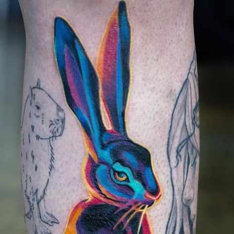 Sienna Coppa on Instagram: "Mostly healed! Still shiny in places. I had a fabulous time tattooing this one. Thanks Kendra for all your trust!" Shiny Tattoo, Colorful Bunny Tattoo, Neo Traditional Bunny Tattoo, Trippy Rabbit Tattoo, Time Tattoos, Tattoo Shop, Healing, Tattoos, Instagram