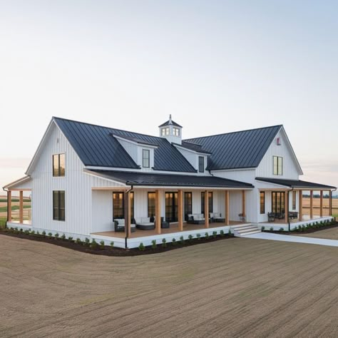 Black And White Barndominium Exterior, White Barndominium Ideas, Western House Exterior, Farmhouse With Angled Garage, Farmhouse Ideas Exterior, White Barndominium, White Ranch House, Classic White Farmhouse, Barndominium Farmhouse