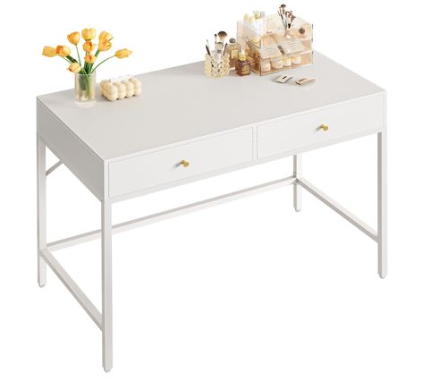 PRICES MAY VARY. [Happy Bedroom Makeup Time]: Start a well-organized morning with SUPERJARE white vanity desk in your bedroom, simple shape and modern matching colours evoke the memory of elegance [Storage Does Matter]: 39.4’’x 18.9’’ spacious desktop display your cosmetics, perfume and elegant box. And 2 large drawers easily hide your hair drier and bedside items, bringing your tidy bedroom back [A Snazzy Piece]: White is a classic colour. Rounded metal handles contrast beautifully with white d Small Desk And Vanity Ideas, Desk For Nightstand, Small Room Desk Ideas Tiny Bedrooms, Simple Desk With Drawers, Teen Desk Ideas, Girls Desks In Bedroom, Girls White Desk, Desks In Bedroom, White Desk With Drawers On Both Sides