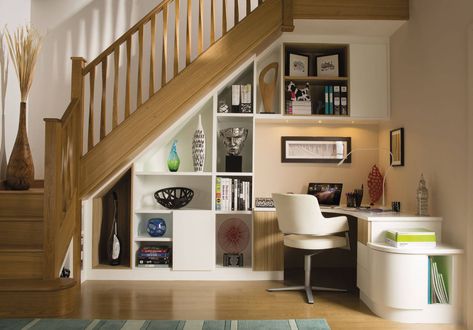 Understairs Desk, Understair Storage, Space Under Stairs, Transitional Home Office, Under Stairs Storage, Desk Idea, Home Office Built Ins, Curved Cabinets, Stairs Storage