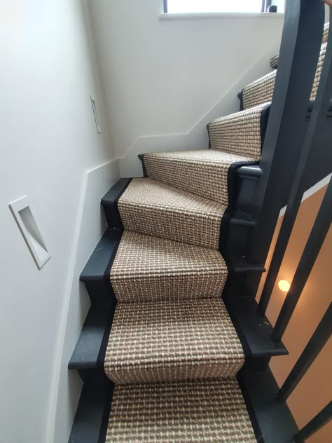 Crucial Trading Rock Rope Carpet in Kilburn | The Flooring Group Carpet Wrapped Stairs, Crucial Trading Stair Runner, Dark Wall To Wall Carpet, Dark Staircase With Runner, Carpet Runner On Curved Stairs, Stair Runner Corner, Curved Staircase Carpet, Carpet Runner On Stairs, Landing Carpet