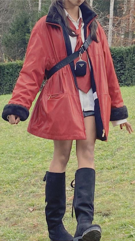 Red Raincoat Aesthetic, Red Rain Jacket Outfit, Red Raincoat Outfit, Red Windbreaker Outfit, Red Jacket Outfit Aesthetic, Leather Jacket With Tie, Stevie Bell, Red Leather Jacket Outfit, Red Jacket Outfit