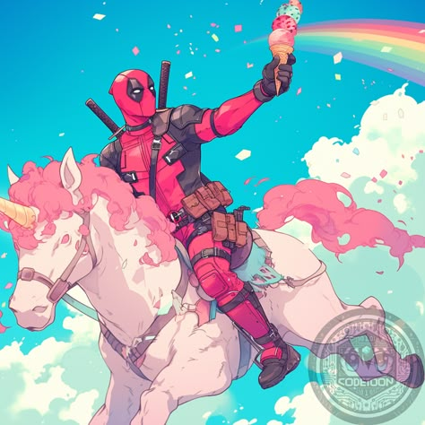 Deadpool on a Unicorn   🦄🍦 "When Deadpool rides a unicorn, you know it’s gonna be legendary! 🍦🦄 Experience the magic and madness as Deadpool conquers rainbows and sprinkles! 🌈✨" 🗨️ What’s more magical than Deadpool on a unicorn? Share if you agree! 😎🤩 #deadpool #unicorn #marvel #magic #aiart #midjourney #artificialintelligenceart #ai #digitalart #aiartists #aiartoftheday #deadpooledit #deadpooledits #mcu Comic Deadpool, Deadpool Cute, Deadpool Perler Beads Pattern, Deadpool Fanart Cute, Deadpool Aesthetic, Deadpool Icon, Deadpool Art Wallpaper, Deadpool Fanart, Deadpool Pfp