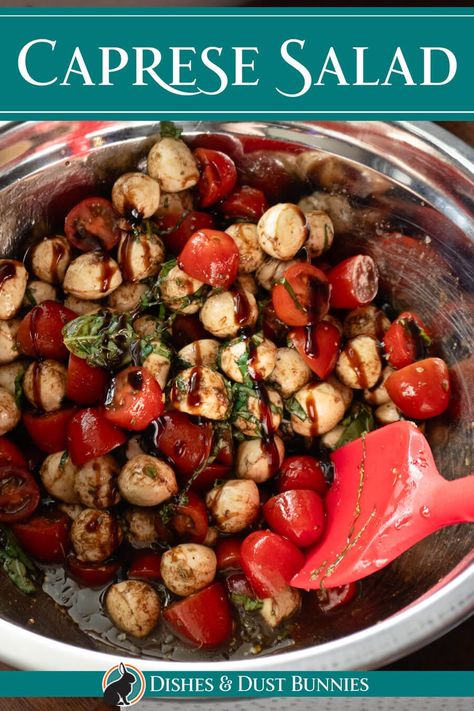 Experience the fresh flavors of summer with this easy and delicious Caprese Salad recipe! Perfect for a light lunch, starter, or side dish, this salad combines juicy cherry tomatoes, creamy bocconcini (mozzarella balls), and aromatic fresh basil, all drizzled with extra-virgin olive oil and balsamic vinegar. To finish, a drizzle of balsamic glaze adds a touch of sweetness. It's a beautiful and vibrant dish that's sure to impress. Tomato Bocconcini Salad Balsamic Vinegar, Tomatoes And Mozzarella, Mozzarella Balls, Caprese Salad Recipe, Mozzarella Salad, Dust Bunnies, Salad Dishes, Tomato Mozzarella, Mood Food