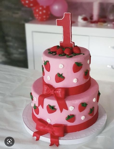 Red And Pink Theme Birthday Party, Strawberry One Year Old Party, Red And Pink Birthday Theme, Strawberry Themed 1st Birthday Cake, Titanic Cartoon, Pink And Red Cake, Strawberry Theme Cake, Strawberry Themed 1st Birthday, Strawberry Themed Cake