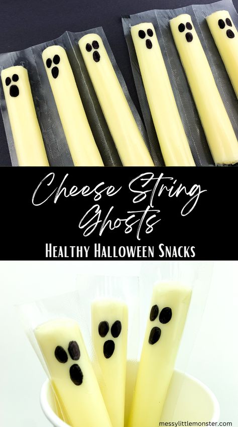 String Cheese Ghost, Ghost String Cheese, Halloween String Cheese, Cheese Stick Ghosts, Ghost Cheese Sticks, Sensory Play Recipes, Healthy Halloween Snacks, Healthy Halloween Treats, String Cheese