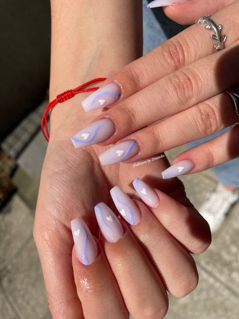 Milky white heart nails with purple details #fashion #aesthetic #nails #gelnails #gelpolish #nailartist #nailsdone #nailslover #nailsofinstagram #nailsforever White Nails With Purple, White Heart Nails, Nails With Purple, Milky White Nails, Milky Nails, Aesthetic Nails, Purple Details, Heart Nails, Milky White