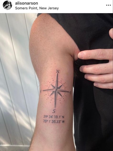 Compass tattoo with coordinates Compass And Coordinates Tattoo, Compass With Coordinates Tattoo, Compass Coordinates Tattoo, Gps Coordinates Tattoo, North Star Tattoos, Tricep Tattoos, Coordinates Tattoo, Friends Tattoo, Matching Tats