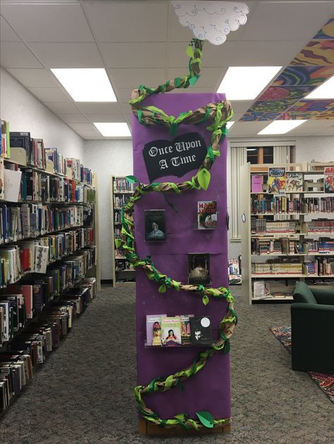 Once Upon a Time Book display in teen area. Twisted Fairy Tales. #teenlibrarybookdisplay #publiclibrary #onceuponatime Once Upon A Time Library Displays, Fairy Tale Display, Nature Themed Library, Fairy Tale Library Display, Fantasy Book Display Library, Fantasy Book Display, Once Upon A Book Fair, Once Upon A Time Bulletin Board, Bookweek 2024