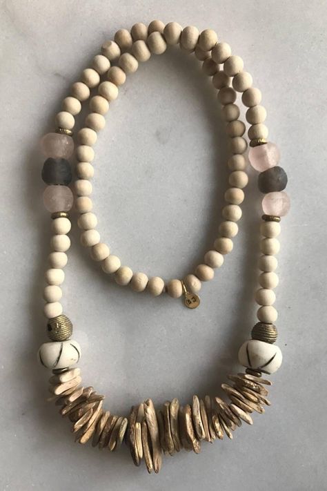 Wooden beaded necklace with African bone beads, Recycled glass  beads, brass beads, and coconut wood chip beads by SallieJacks on Etsy https://www.etsy.com/listing/518221601/wooden-beaded-necklace-with-african-bone Chip Bead Jewelry, Wood Beads Jewelry, Diy Statement Necklace, Bone Bead Necklace, Tassel Necklace Boho, Beautiful Beaded Jewelry, Coconut Wood, Wooden Bead Necklaces, African Necklace