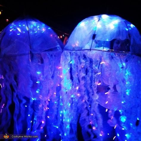 Alina: Marci and I made the Costumes out of Clear umbrellas from wal-mart and sheer fabrics that we sewed a single string through to make the tentacles. We also purchased some... Jellyfish Costume Umbrella, Jellyfish Costume Diy, Jellyfish Halloween Costume, Umbrella Jellyfish, Jellyfish Halloween, Jellyfish Costume, 2015 Halloween Costumes, Jellyfish Light, Fish Costume